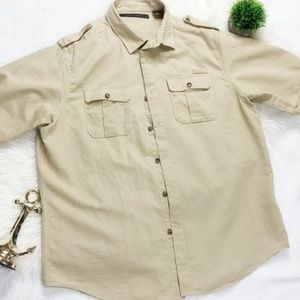 Sean John Linen Beige Button Up Short Sleeve Men